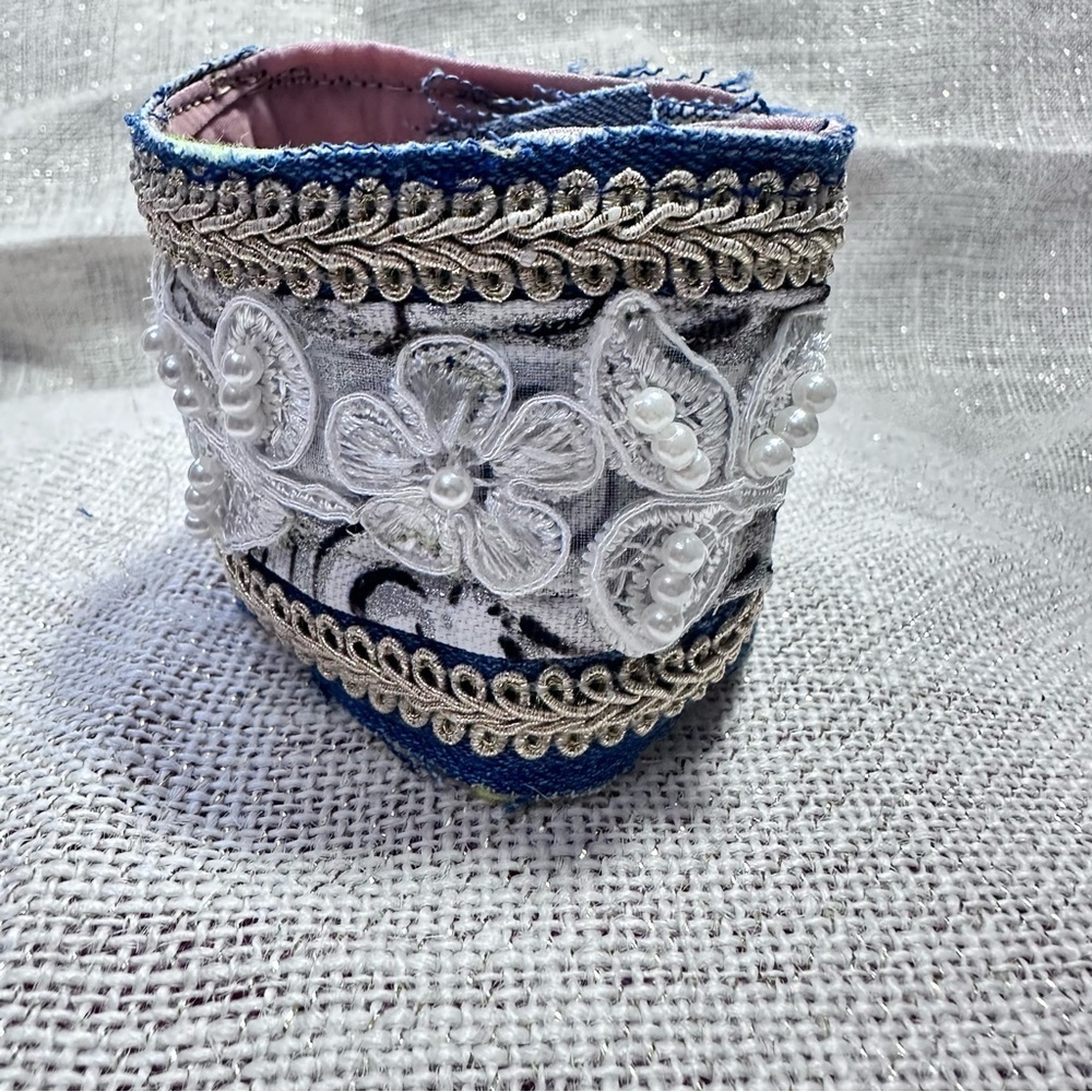 RUBYRUDI Artisan Wide Cuff Bracelet Denim Fabric OOAK Embellished Handmade 6-7